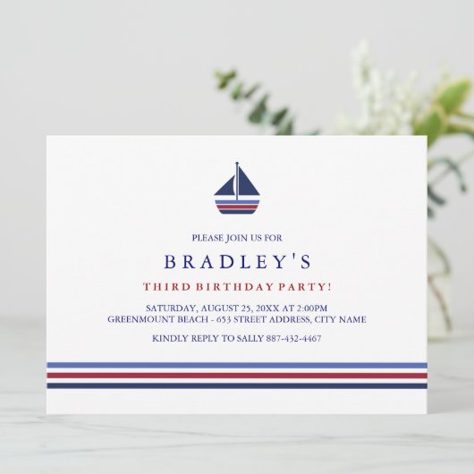 Blue & Red Sailboat Verjaardag uitnodiging (Staand voorkant)