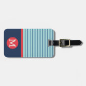 Blue Red Stripe Monogram Naam Adres Bagagelabel (Voorkant horizontaal)