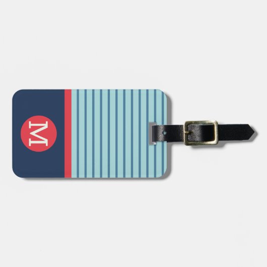 Blue Red Stripe Monogram Naam Adres Bagagelabel (Voorkant horizontaal)