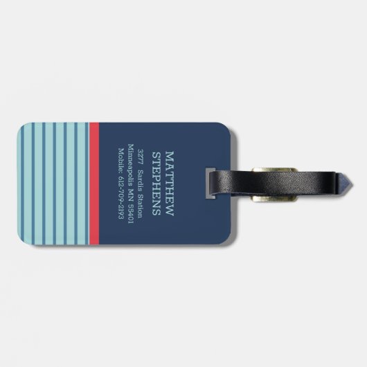 Blue Red Stripe Monogram Naam Adres Bagagelabel (Achterkant horizontaal)