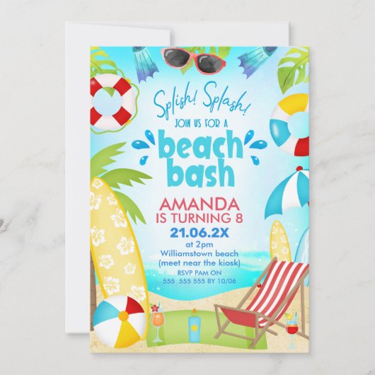 Blue Red Summer Beach Bash Birthday Kaart (Voorkant)