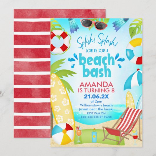 Blue Red Summer Beach Bash Birthday Kaart (Voorkant / Achterkant)