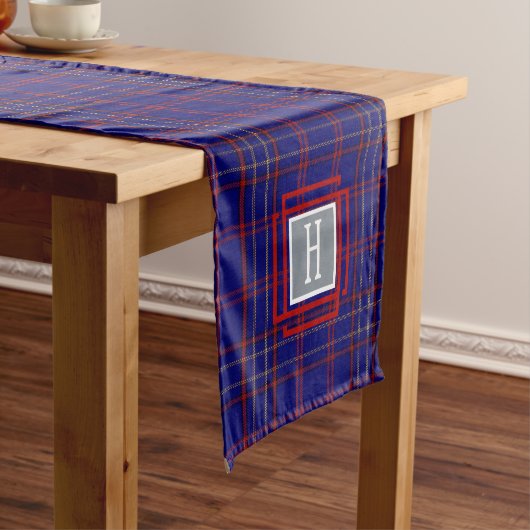Blue Red Tartan Monogram Korte Tafelloper (Voorbeeld)