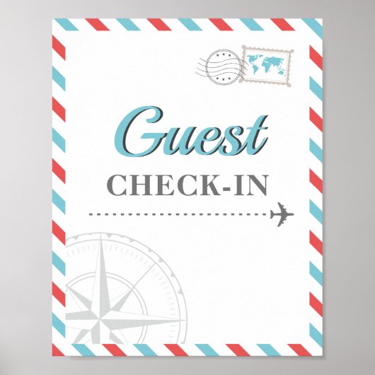 Blue Red Travel Airplane Guest Check-in Welkom Poster (Voorkant)