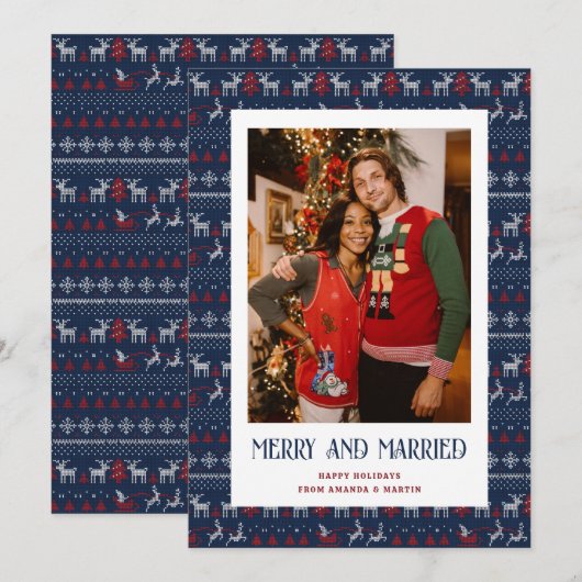 Blue Red Ugly Sweater Merry en huwelijksfoto Feestdagenkaart (Voorkant / Achterkant)