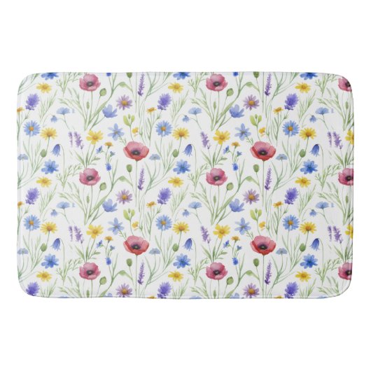 Blue Red Watercolor Wildflower Badmat (Voorkant)