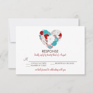 Blue Red Whimsical Floral Heart Wedding RSVP Kaart