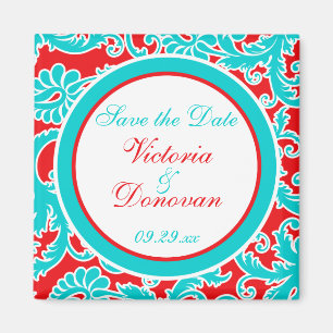 Blue Red White Damask bewaar de datum magneet