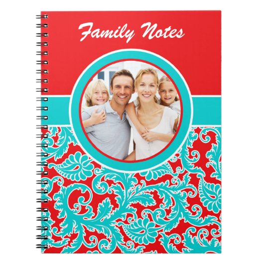 Blue Red White Damask Family Notes Foto Notitieboe Notitieboek (Voorkant)