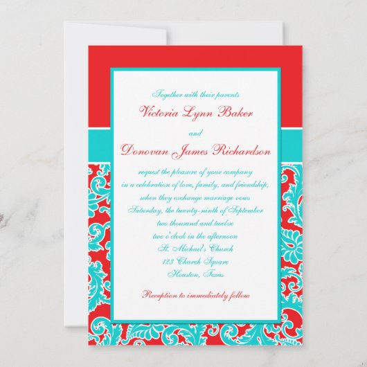 Blue Red White Damask Foto Weddenschap Kaart (Achterkant)