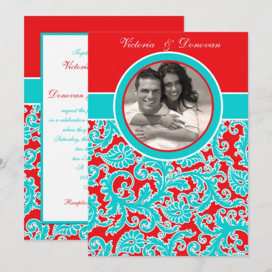 Blue Red White Damask Foto Weddenschap Kaart (Voorkant / Achterkant)