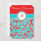 Blue Red White Damask Monogram Weddenschap Kaart (Voorkant)