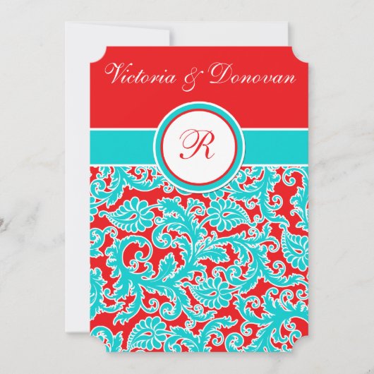 Blue Red White Damask Monogram Weddenschap Kaart (Voorkant)