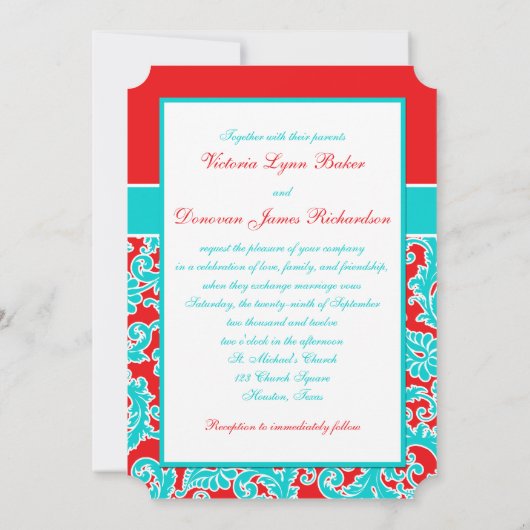 Blue Red White Damask Monogram Weddenschap Kaart (Achterkant)