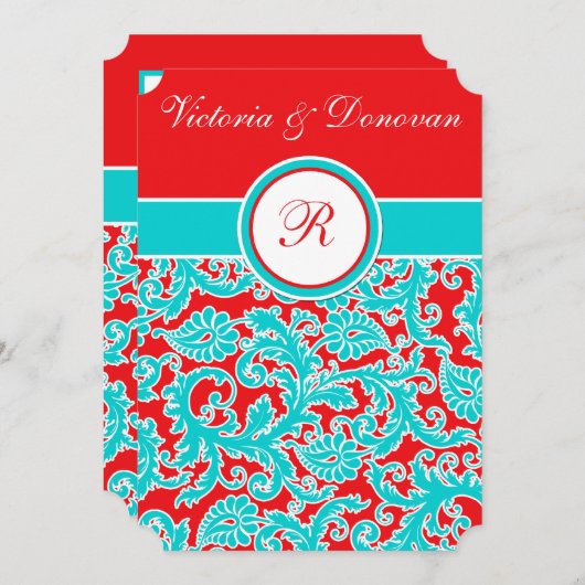 Blue Red White Damask Monogram Weddenschap Kaart (Voorkant / Achterkant)