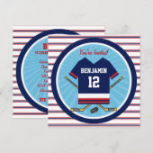 Blue Red White Ice Hockey Jersey Birthday Party Kaart (Voorkant / Achterkant)