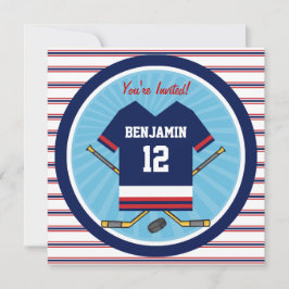Blue Red White Ice Hockey Jersey Birthday Party Kaart