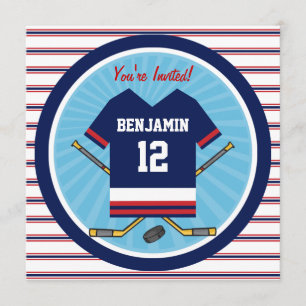 Blue Red White Ice Hockey Jersey Birthday Party Kaart