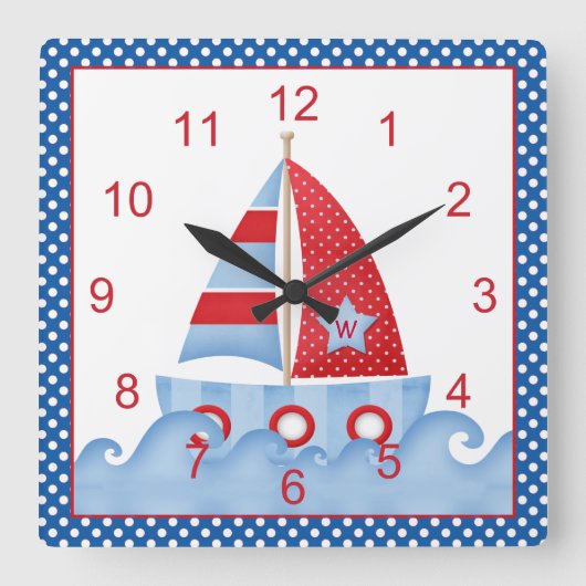 Blue Red White Sailboat Clock Vierkante Klok (Voorkant)