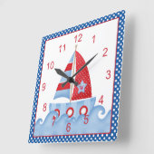 Blue Red White Sailboat Clock Vierkante Klok (Hoek)