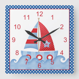 Blue Red White Sailboat Clock Vierkante Klok