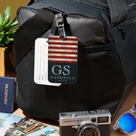 Blue Red White Stripe Monogram Name USA Travel Bagagelabel (Voorkant & Achterkant)