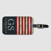 Blue Red White Stripe Monogram Name USA Travel Bagagelabel (Voorkant (horizontaal))