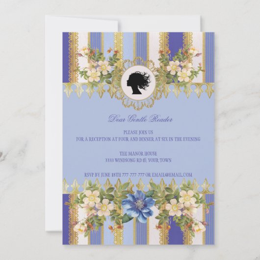 Blue Regency Era Sweet Zestien Uitnodiging (Achterkant)