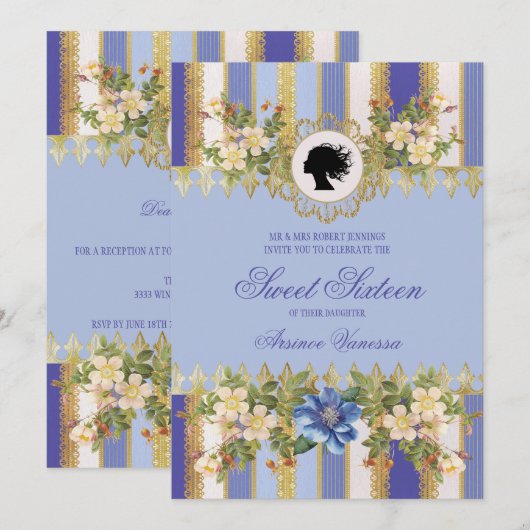 Blue Regency Era Sweet Zestien Uitnodiging (Voorkant / Achterkant)