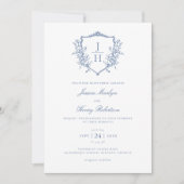 Blue Regency Floral Crest Monogram Huwelijk Kaart (Voorkant)