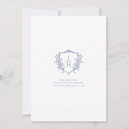 Blue Regency Floral Crest Monogram Huwelijk Kaart (Achterkant)
