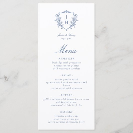 Blue Regency Floral Crest Monogram Huwelijk Menu (Voorkant)