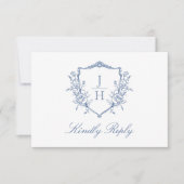 Blue Regency Floral Crest Monogram Huwelijk RSVP Kaartje (Voorkant)