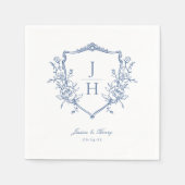Blue Regency Floral Crest Monogram Huwelijk Servet (Voorkant)
