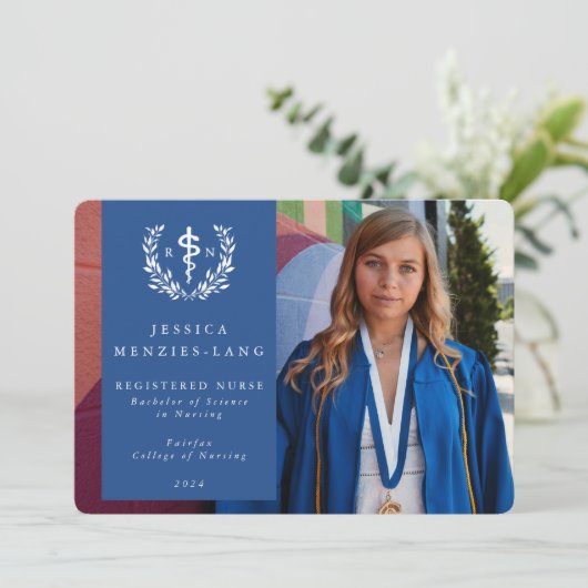 Blue Registered Nurse Asclepius Afstuderen Foto Aankondiging (Staand voorkant)