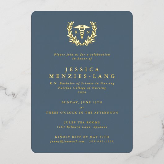 Blue Registered Nurse Caduceus+Laurel Wreate Folie Uitnodiging (Voorkant)