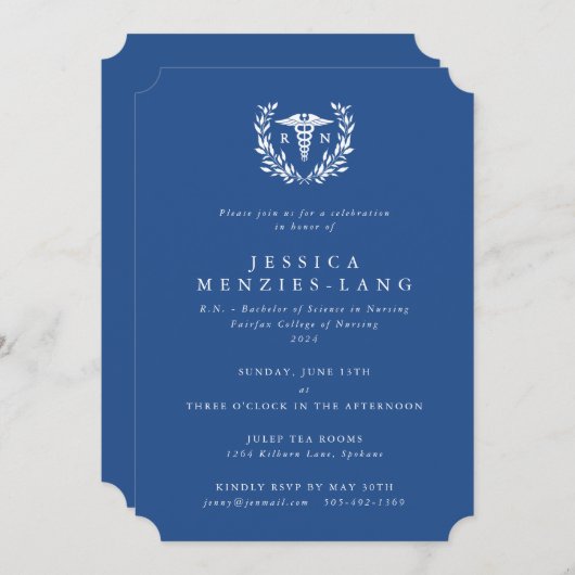 Blue Registered Nurse Caduceus+Laurel Wreate Kaart (Voorkant / Achterkant)