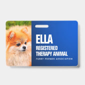 Blue Registered Therapy Animal Custom Photo ID Badge (Voorkant)