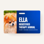 Blue Registered Therapy Animal Custom Photo ID Badge (Voorkant)