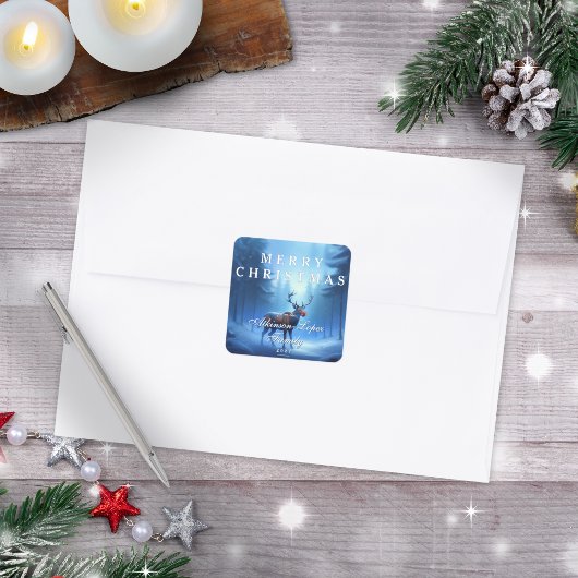Blue Reindeer Merry Christmas Family Vierkante Sticker