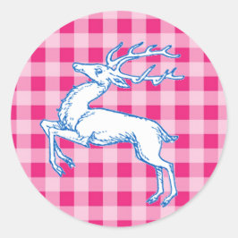 Blue Reindeer Pink Gingham Ronde Sticker