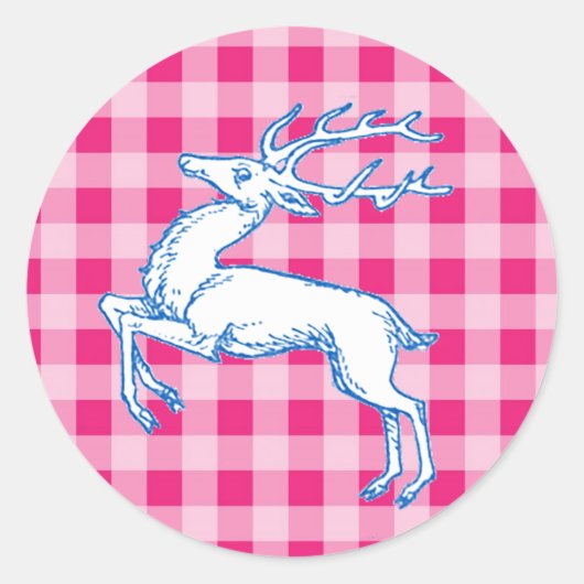 Blue Reindeer Pink Gingham Ronde Sticker (Voorkant)