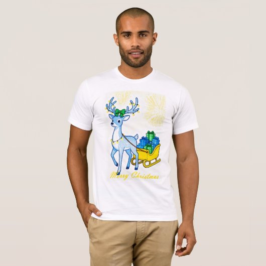 Blue Reindeer & Sleigh Merry Christmas Men's T-shirt (Voorkant volledig)