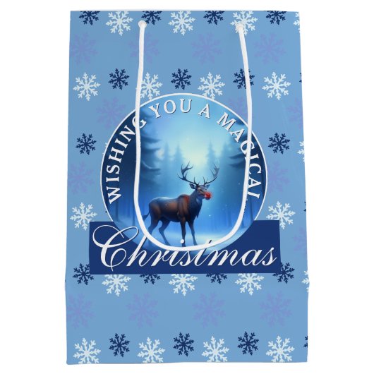 Blue Reindeer Snowflakes Christmas Medium Cadeauzakje (Achterkant)