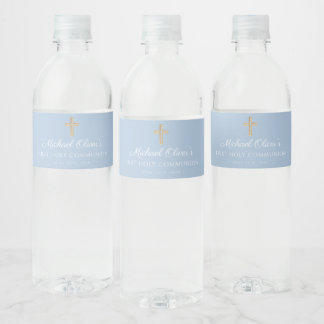Blue Religious Cross Boy First Communion Waterfles Etiket