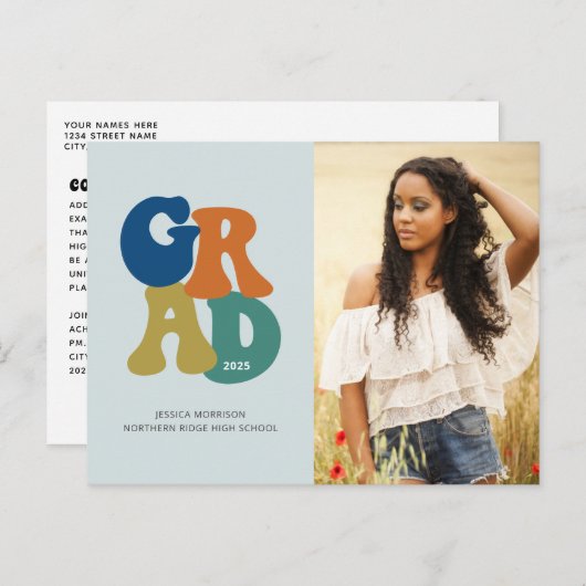 Blue Retro '70s Afstudeerder 2023 Groovy Afstudere Briefkaart (Voorkant / Achterkant)