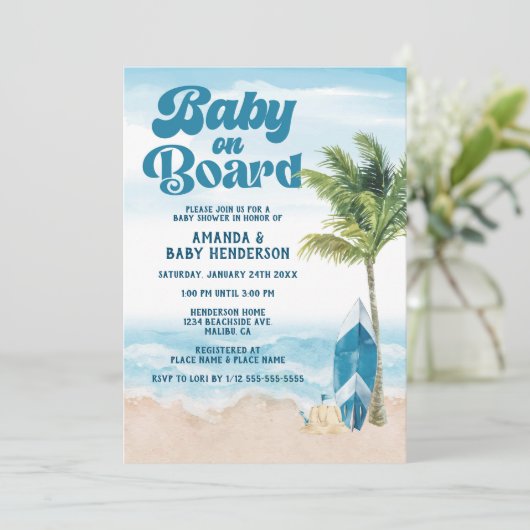 Blue Retro Baby on board Surf Baby shower Kaart (Staand voorkant)