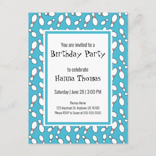 Blue Retro Bowling Birthday Invitation Briefkaart (Voorkant)