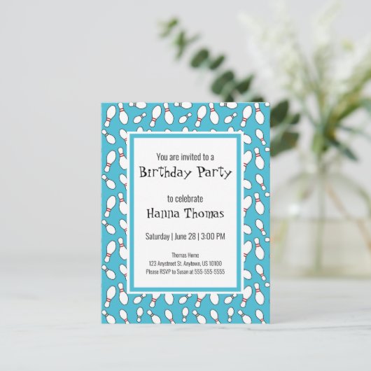 Blue Retro Bowling Birthday Invitation Briefkaart (Staand voorkant)