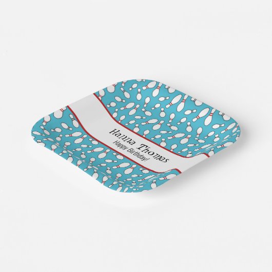 Blue Retro Bowling Theme Birthday Papieren Bordje (Gebogen)